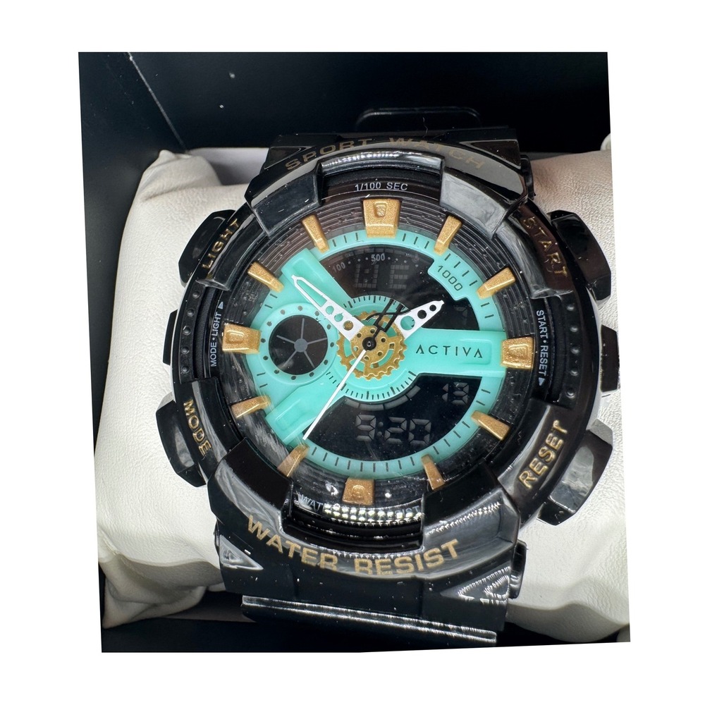 Activa Sport Watch Black Resin Teal Gold Dial Analog Digital 50M Water Resist